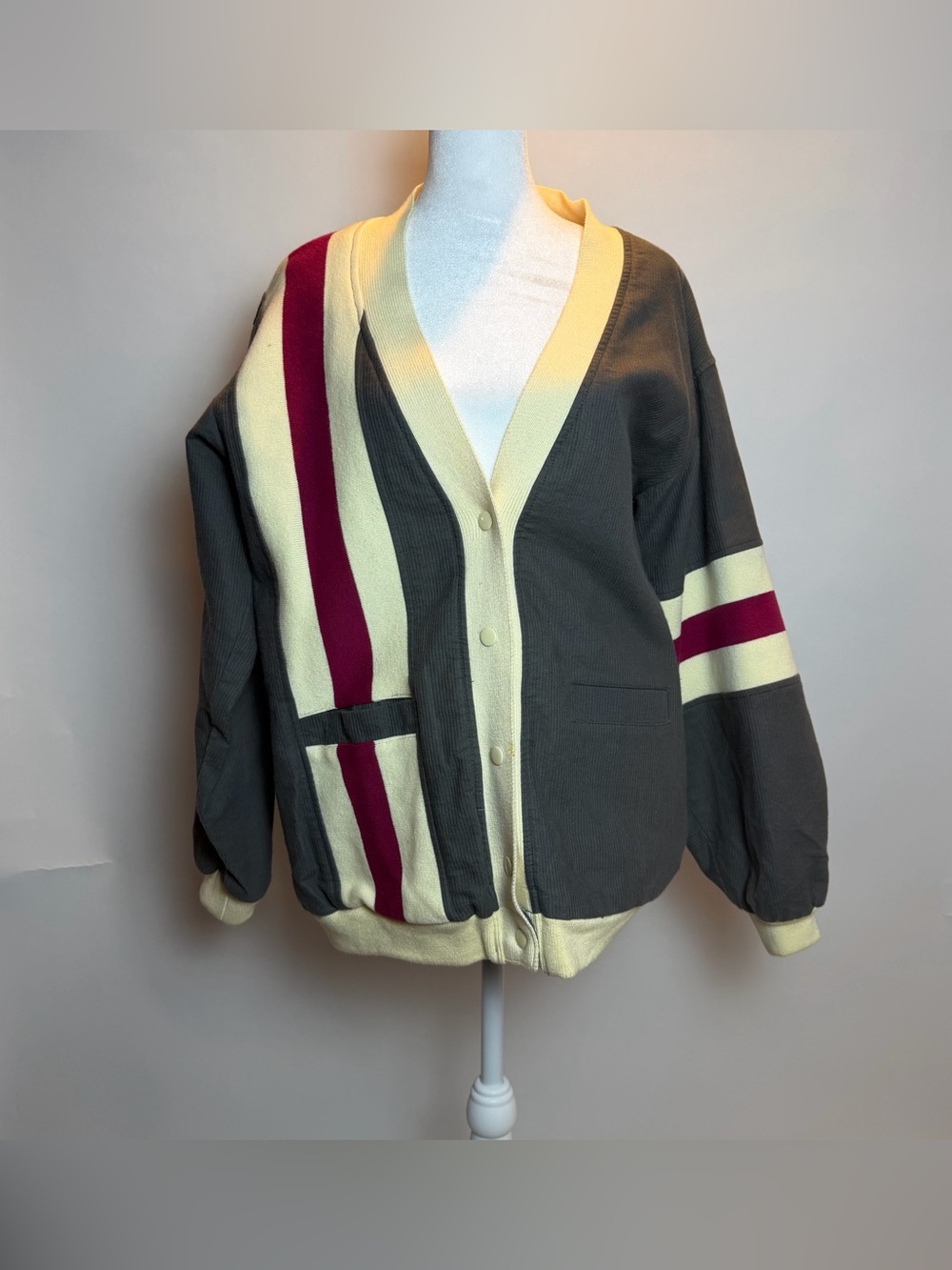 Vintage Dior Gray, Cream & Burgundy Bomber-Style Varsity Cardigan